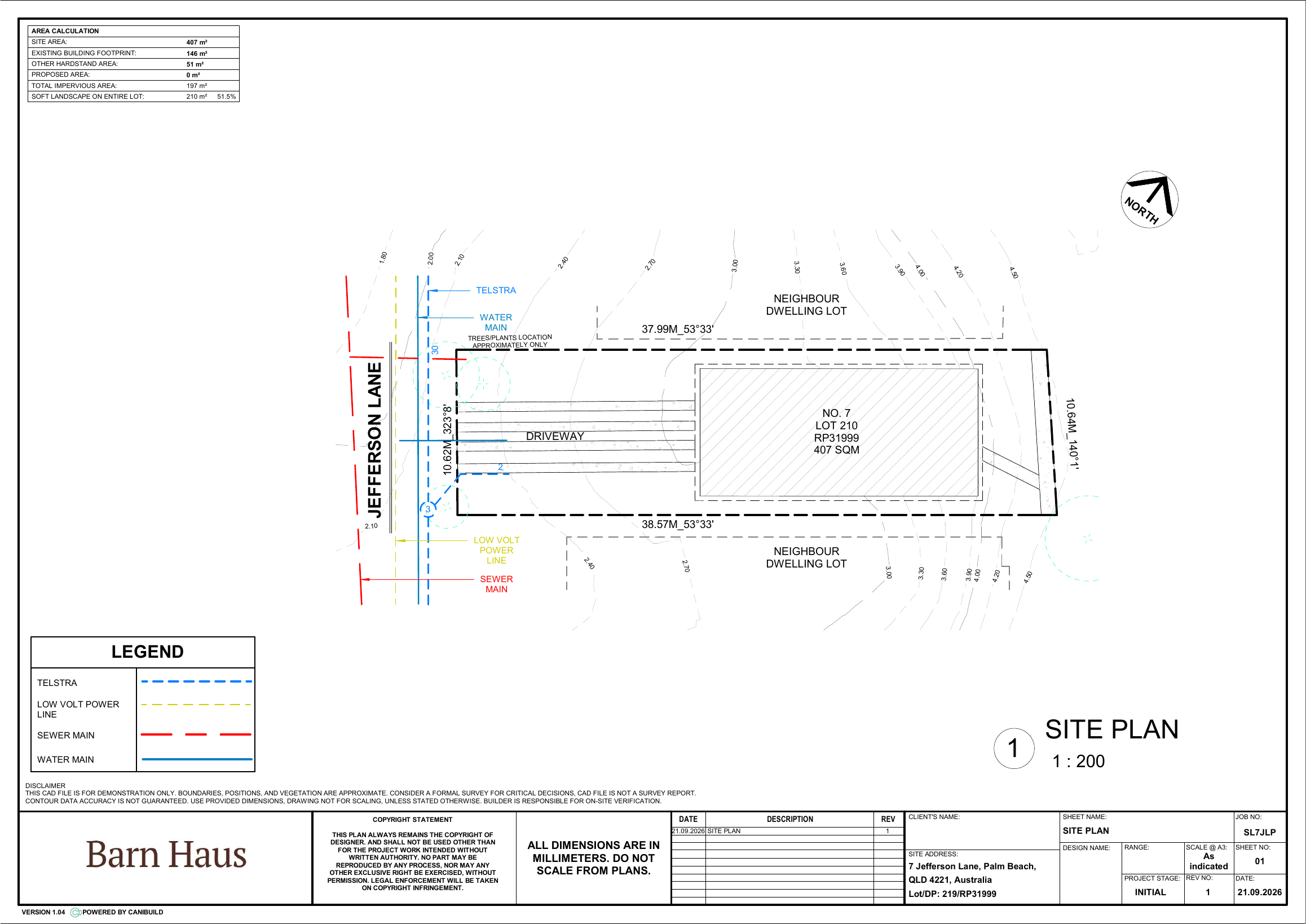 Contour and services plan for 7 Jefferson Lane showing Telstra, water, power and sewer infrastructure