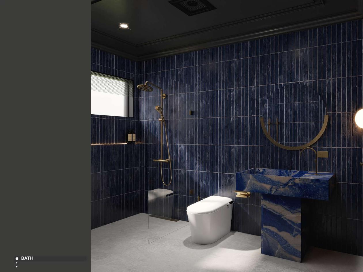 Deep blue stone bathroom render currently in development, shown in full
