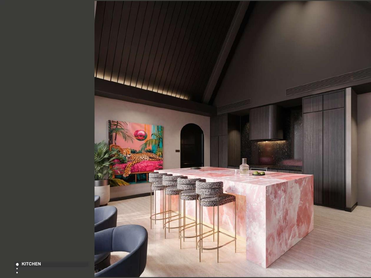 Custom black and pink stone kitchen render currently in development, shown in full
