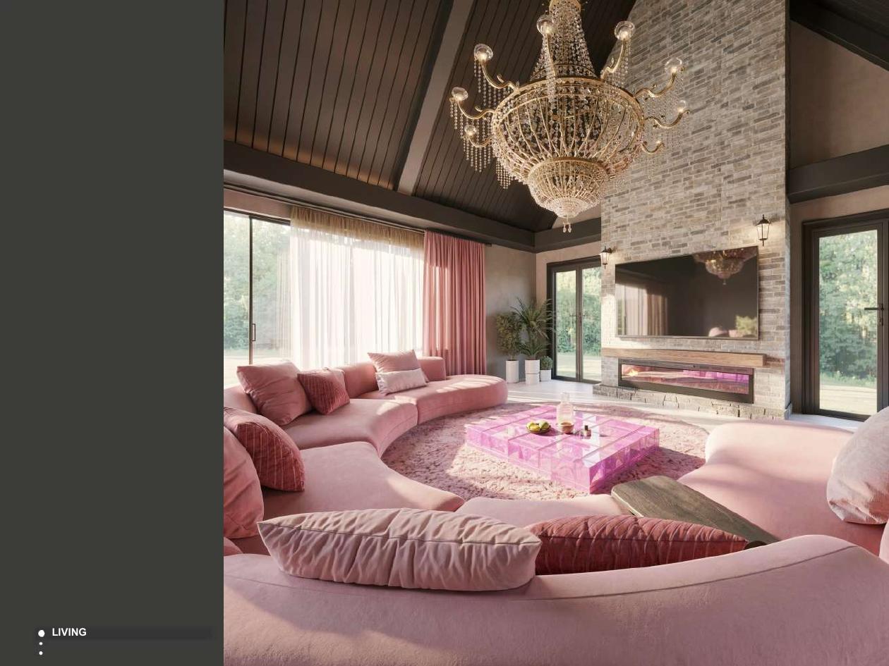 Luxury pink living room render currently in development, shown in full