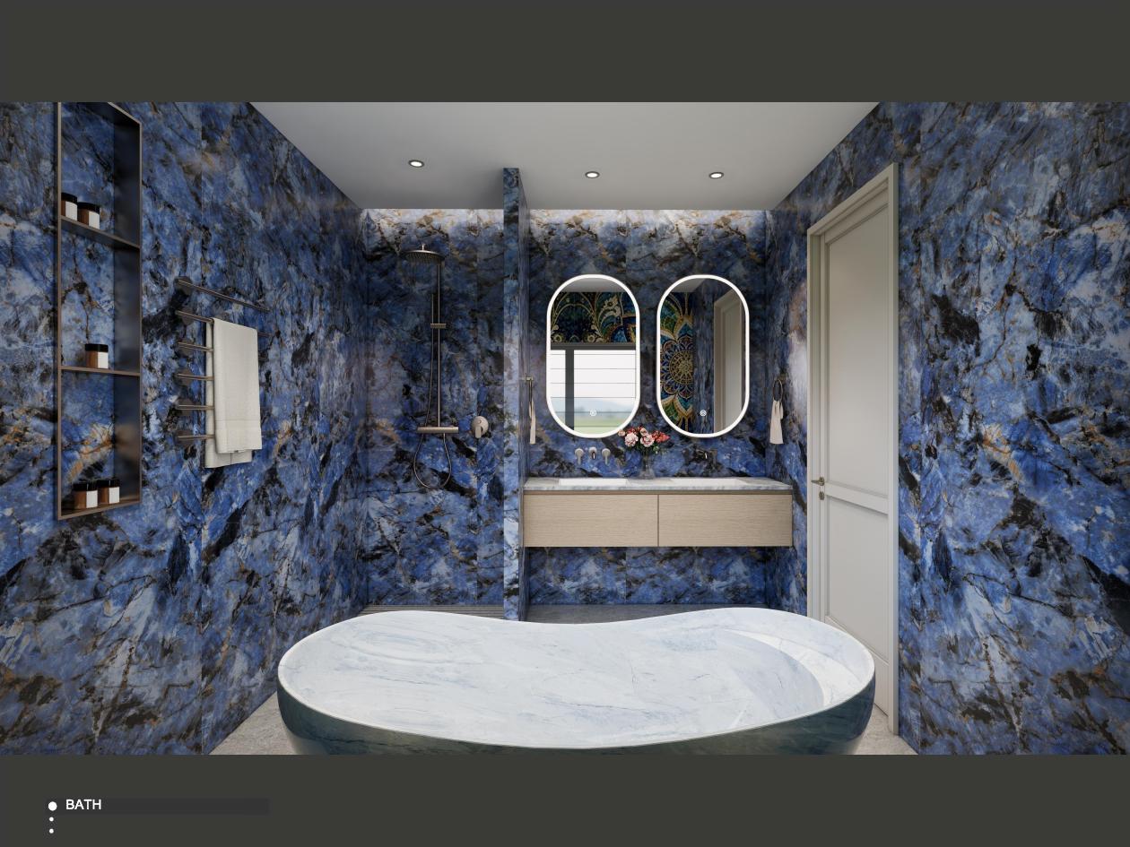 Full blue stone villa bathroom render currently in development, shown in full